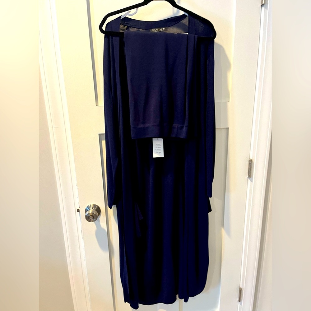 Eloquii Navy Blue Longline Open Cardigan and pencil skirt with tie 22/24